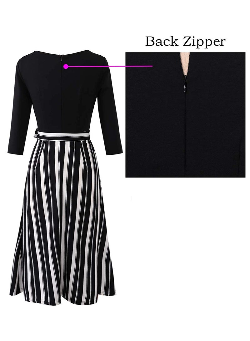 VFSHOW Womens Black and White Striped Print Spring Fall Elegant Patchwork Pockets Belted Work Business Office Casual Party Pleated A-Line Midi Dress 3733 STP BLK XL - Image 4